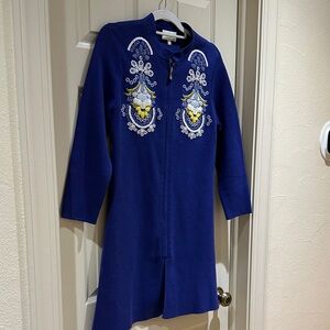 Blue Embroidered Long Coat Sweater.
